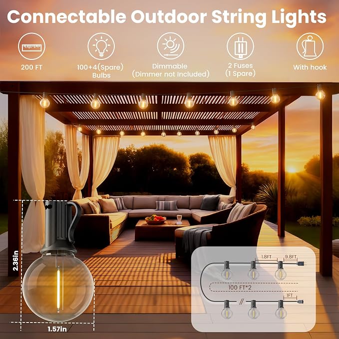 RTTY 200 FT Outdoor String Lights Waterproof, Outside Patio Light 104 Bulbs | Commercial Dimmable G40 LED Lights Shatterproof, Hanging Lighting for Cafe, Bistro, Porch, Deck, Backyard,Wedding, 2700K