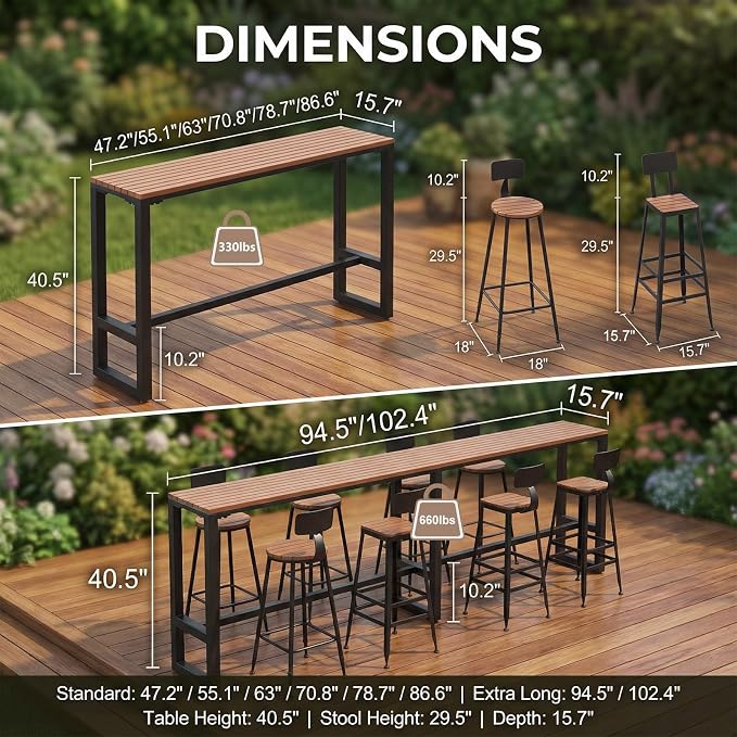 Outdoor Bar Table Weather Resistant, Wood Counter Height Bar Table Rain Sun Protection, Extra Long High Top Table 47.2"-102.4", for Patio, Garden, Yard, Balcony, Poolside(White,70.8"x15.7"x40.5")