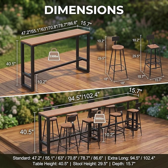 Outdoor Bar Table Weather Resistant, Wood Counter Height Bar Table Rain Sun Protection, Extra Long High Top Table 47.2"-102.4", for Patio, Garden, Yard, Balcony, Poolside(White,47.2"x15.7"x40.5")