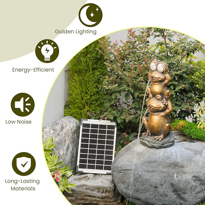 Water Fountain Outdoor with Solar Frog Eye/Electric Pump, Funny Frog Statue Water Feature Waterfall Outdoor Fountain for Garden, Pool, Patio, Porch