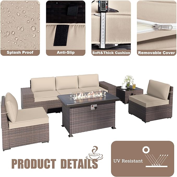 Patio Furniture Sectional Sofa Set 7-Pieces PE Rattan Patio Conversation Set w/43in Gas Fire Pit Table, Outdoor Furniture with 55000 BTU Propane Fire Pit, Sand