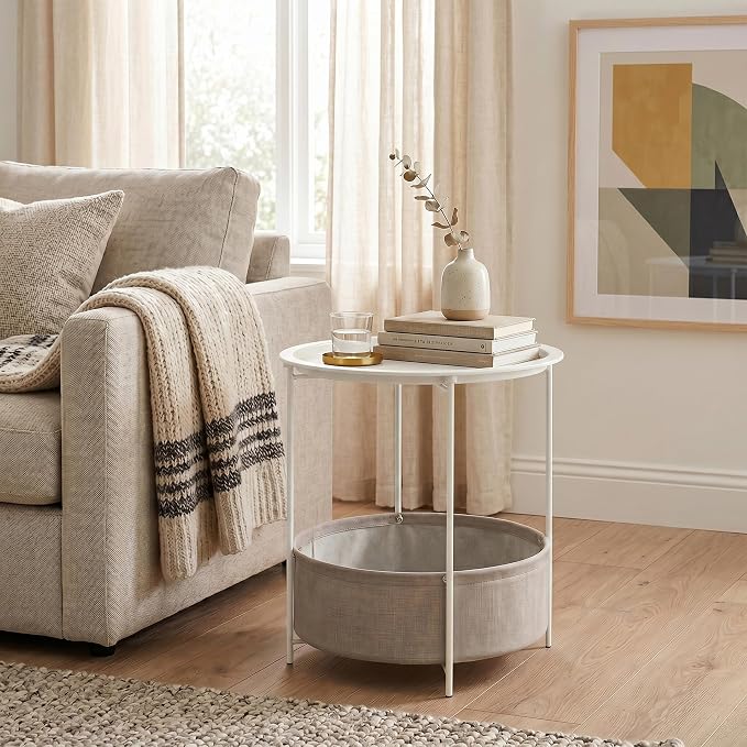 VECELO Round Side/End Table with Fabric Storage Basket，Metal Anti-Rust and Waterproof Small Bedside Nightstand with Removable Tray Top for Living Room，Balcony & Laundry，Beige/2pcs with Basket
