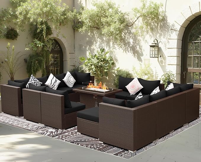 BULEXYARD 15 Piece Highback Wicker Patio Furniture Sets with Firepit, All-Weather Heavy Duty Outdoor Conversation Set Modular, Extra Deep Wide 14-Seats Sectional Couch Sofa for Backyard, Brown & Black