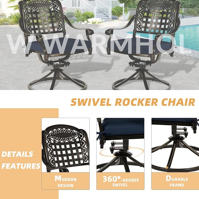 9-Piece Patio Dining Set, Outdoor Patio Table and Chair Set of 84” Oval Cast Aluminum Dining Table with Umbrella Hole, 6 Stationary, 2 Swivel Rocker Chairs, Patio Funiture Set, Navy