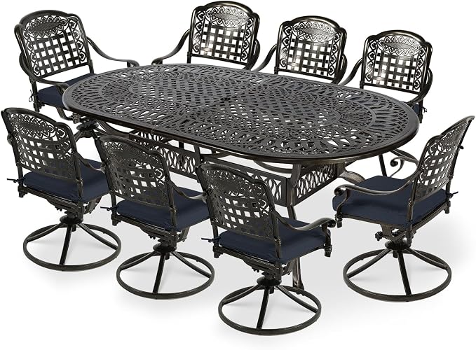 VIVIJASON 9-Piece Outdoor Patio Furniture Dining Set, All-Weather Cast Aluminum Conversation Set, Include 8 Swivel Dining Chairs and an Oval Table with Umbrella Hole, Navy Blue Cushion