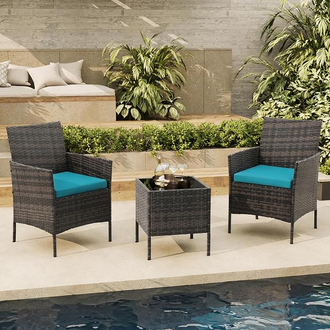 3-Piece Outdoor Furniture Set, PE Rattan Wicker Chairs with Soft Cushions & Tempered Glass Coffee Table - All-Weather Patio Set for Garden, Backyard, Porch, Poolside (Brown/Peacock Blue)