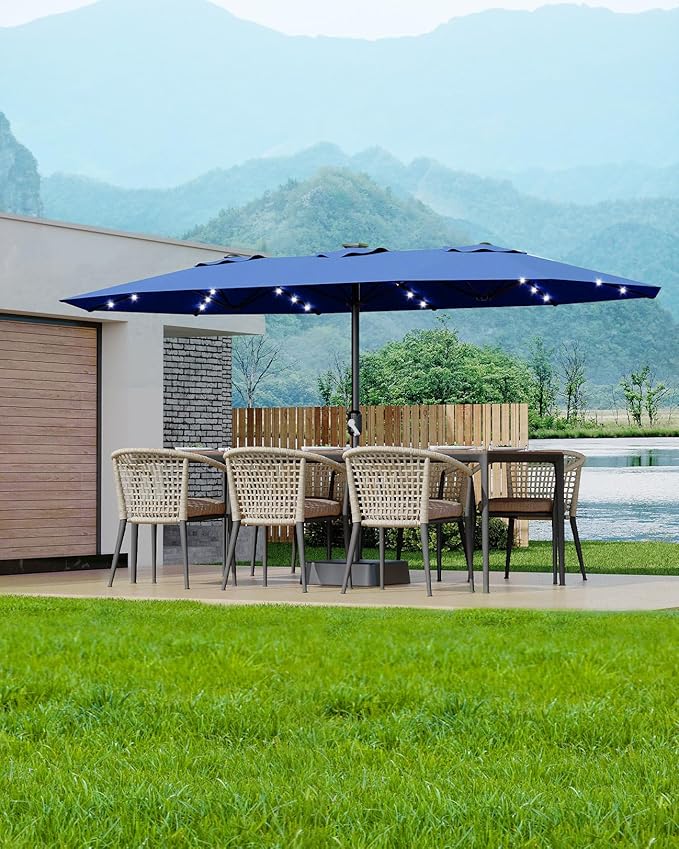 GarveeLife 15 ft Large Patio Umbrella with Lights, 36 LED Lights Double-sided Patio Umbrella with Weighted Base for Poolside Garden Backyard