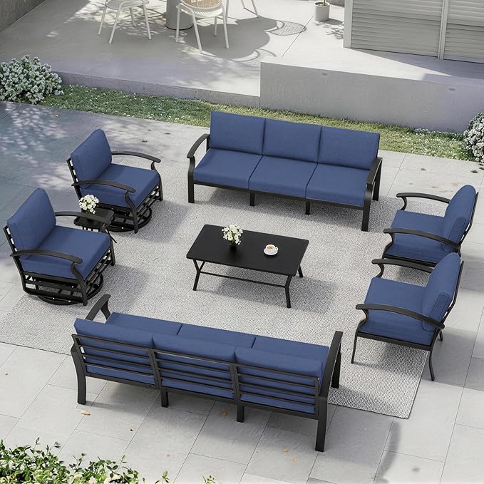 Kurapika Aluminum Patio Furniture Set 10-Seat Modern Metal Outdoor Conversation Sets w/Swivel Rocking Chairs Patio Sectional Sofa w/5.1 Inch Cushion with Rectangular Coffee Table, Navy Blue
