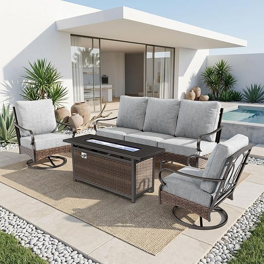 PHI VILLA Patio Furniture Set with 56" Fire Pit Table, Premium Outdoor Wicker Metal Frame Furniture with Upgraded Waterproof Thick Cushions for Porch, Poolside, Deck, and Yard （4 Pieces, Grey