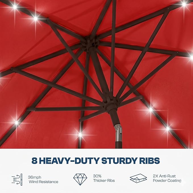 10FT Solar Lighted Patio Umbrella, Outdoor Table Market Umbrellas with Push Button Tilt and Crank, 32 LED Lights, 8 Sturdy Ribs, UV-Resistant for Deck, Garden, Pool