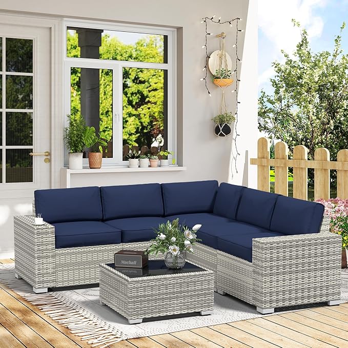 SHGJ&SOFT 6pcs Outdoor Patio Furniture Set, Waterproof Wicker Outdoor Sectional Couch with Thick Cushions, All-Weather Rattan Sectional Sofa