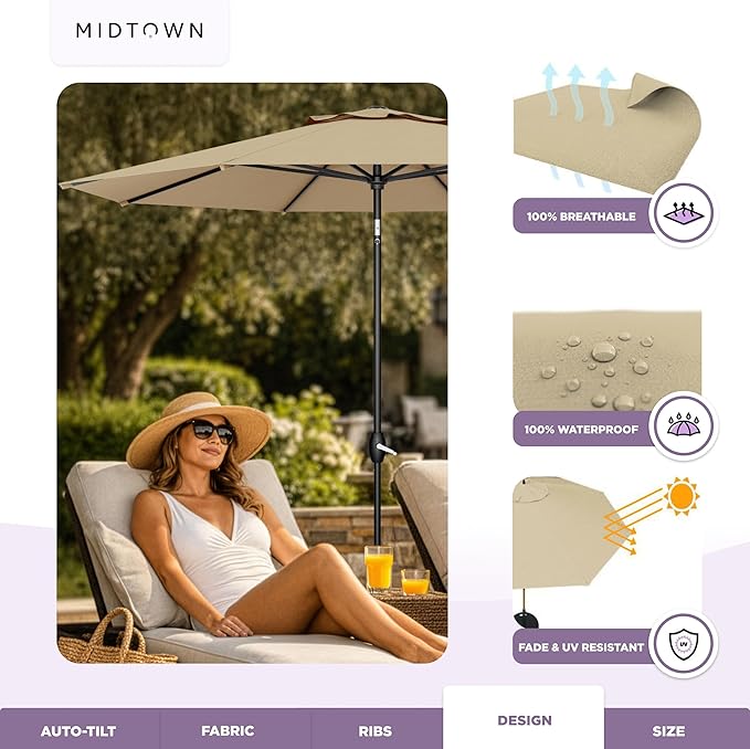 Midtown Umbrellas - The Lean 9 Ft Patio Umbrella with Fade-Resistant Sunbrella Fabric, Auto-Tilt Aluminum Frame and 8 Reinforced Ribs for Deck, Pool & Garden - Heather Tan Canopy, Black Pole