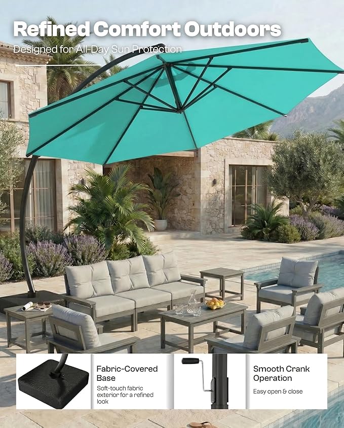 11 FT Cantilever Umbrella with Base Included, Large Round 360° Rotation Offset Umbrella Outdoor Patio, Heavy Duty Aluminum Frame, Sand-Weighted Stand, for Deck, Backyard, Pool, Garden (Turquoise Blue)