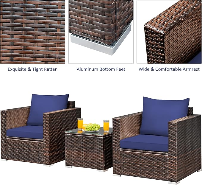 Tangkula 3 Pieces Patio Furniture Set, Outdoor Conversation Rattan Furniture Set w/Washable Cushion and Tempered Glass Tabletop, PE Rattan Wicker Sofa Set for Garden Poolside Balcony