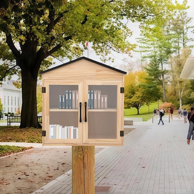Little Outdoor Library Box, 2-Tier Waterproof Free Library Wooden Cabinet, 20"L x 14"W x 22"H Small Storage Box for DIY, Neighbourhoods, Communities and Kids to Share Books, Magazines, Artworks