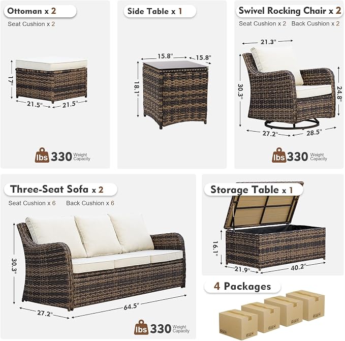 MEISSALIVVE Outdoor Patio Furniture Set with Swivel Chair, 8 Pieces Patio Conversation Set, Patio Sectional Furniture Set with 2 Three-seat Sofa, 2 Ottomans and Coffee Table (Brown)