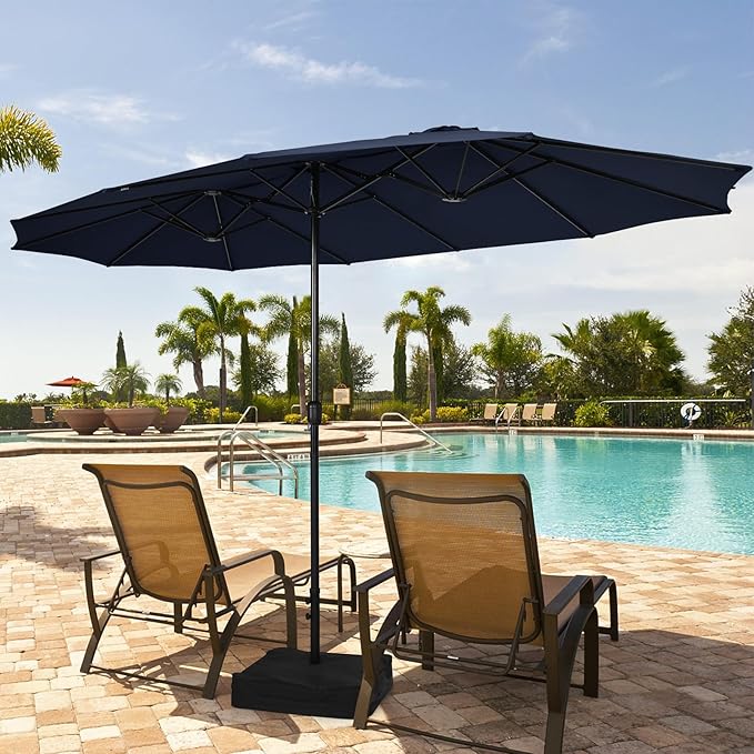 Tangkula 15FT Double-Sided Patio Umbrella with Base, Extra-Large Market Umbrella W/Crank System, Outdoor Twin Umbrella W/ 12-Rib Metal Structure & Air Vents for Garden, Backyard, Poolside (Navy)