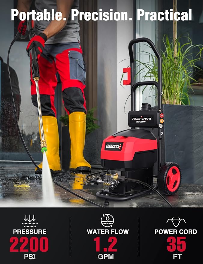 PowerSmart Electric Pressure Washer 1.2 GPM (OpenFrame), Bulid-in Soap Tank, Metal Spray Wand, for Cars, Patio, Decks, and Fences (DB1001)