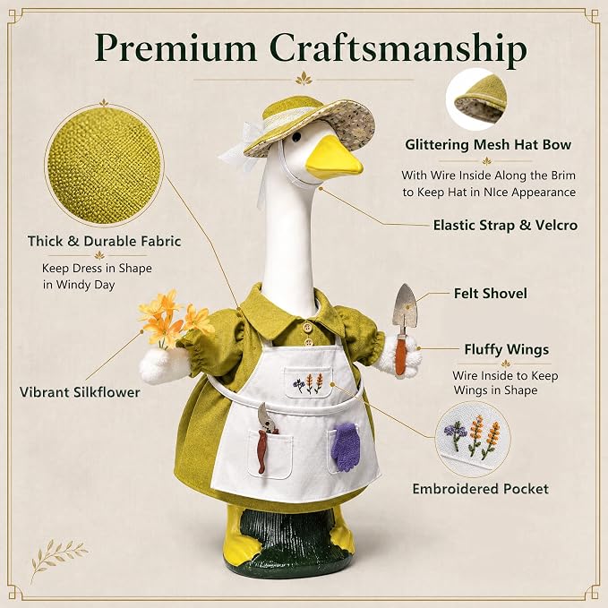 Spring Gardener Porch Goose Outfit for 23 Inch Plastic Cement Goose Statue, Goose Outfit Clothes with Hat, Felt Tools & Flower for Outdoor Garden Yard Patio Art Decor