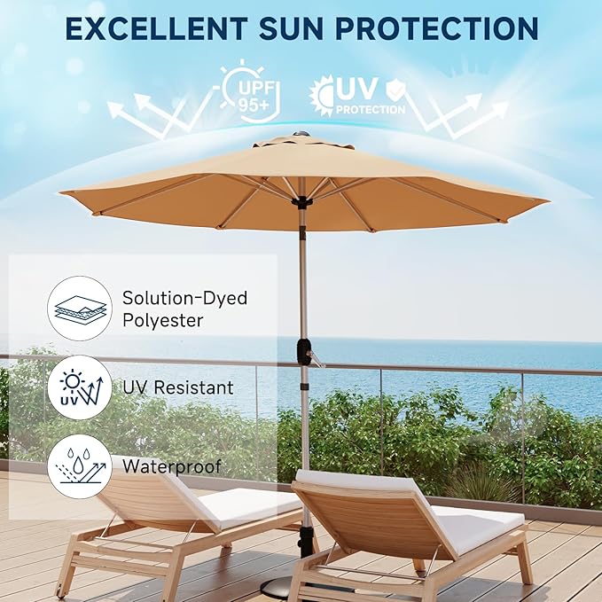 9FT Aluminum Outdoor Patio Umbrella, Fade-Resistant Market Umbrella with Push Button Tilt Function, 8 Sturdy All-Aluminum Ribs for Gardens, Patios, Backyards & Pools