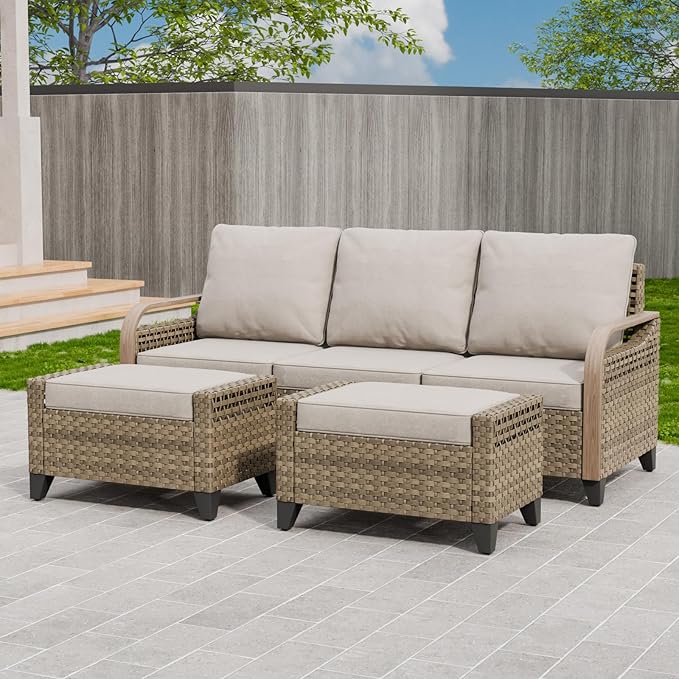 Modern Wicker Patio Furniture Set, Rattan Outdoor Conversation Set with Comfortable Cushions, 3 Seat Couch and 2 Ottomans, 3 Pieces, Brown/Gray