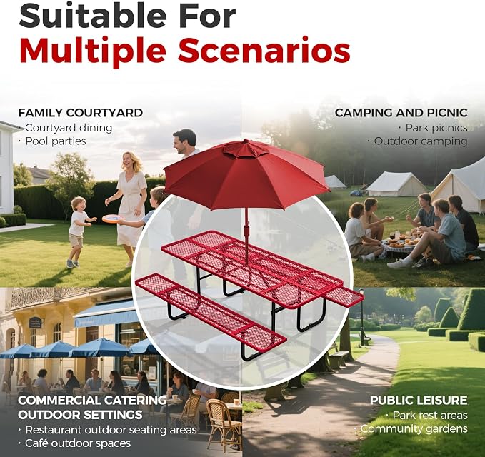 72 Inch Heavy Duty Picnic Table for Outdoors, Rectangular Camping Table with Benches and 1.78" Umbrella Hole, Commercial Grade Steel Frame, 2200 lbs Load Capacity, Red