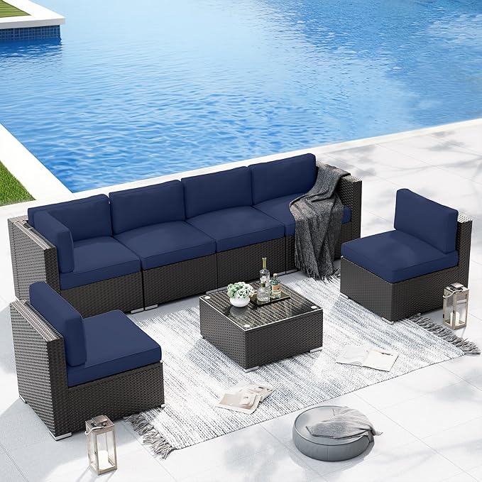 SUNCROWN 7-Piece Outdoor Patio Furniture Sofa Set All-Weather Wicker Sectional Conversation Set with Modern Glass Coffee Table and Cushions-Dark Blue