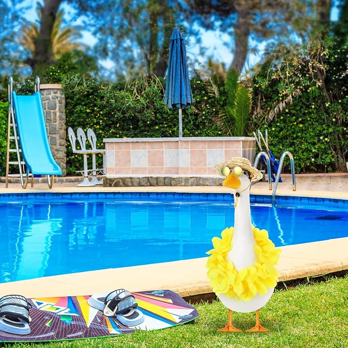 Shyyween Summer Porch Goose Outfits for Plastic Goose 23/17'' Hawaiian Lawn Patio Statue Clothes Straw Hat and Hawaiian Lei Costume(Yellow)