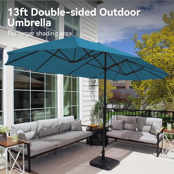 PHI VILLA 13ft Large Patio Umbrellas, Double-Sided Outdoor Market Rectangle Umbrella for Outside, Cyan