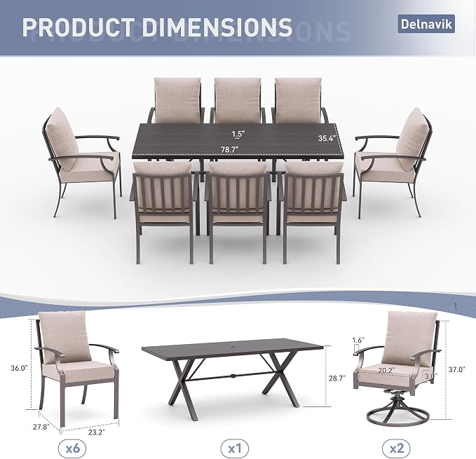 Kurapika 9 Pieces Patio Dining Set Outdoor Furniture with 8 Fixed Chairs, Metal Patio Furniture Set 8 Chairs and Large Table with Umbrella Cutout for Yard Porch, Sand