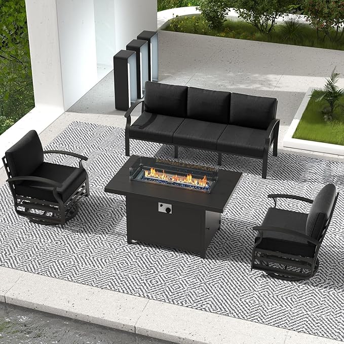 Aluminum Outdoor Patio Furniture Set,4 Pieces 5 Seats Patio Conversation Sets with 45" Propane Fire Pit Table,Metal Patio Sectional Furniture Set with 2 Swivel Rocking Chairs,Black