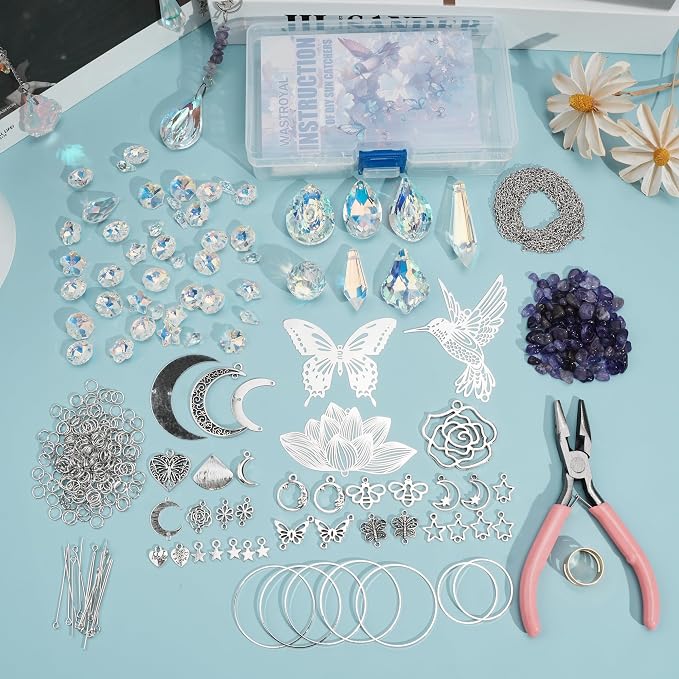 420pcs Suncatcher Kit, Crystal Prisms, DIY Garden/Window Hanging | 10 Set Crystal Suncatcher Kit, DIY Crystal Hanging Prisms for Window, Hummingbird Decor, Craft Gift for Adults with Tutorial