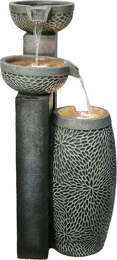Hi-Line Gift Ltd. 4 Tiers Modern Cascading Water Fountain Outdoor with Warm White LEDs, Gray