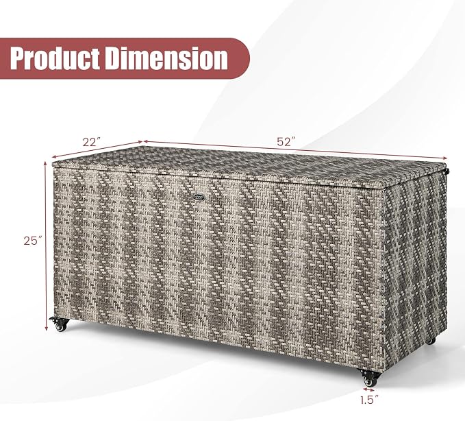 Tangkula 96 Gallon Deck Box, PE Wicker Outdoor Storage Box with 4 Wheels and Waterproof Liner, Outdoor Rectangular Storage Container for Cushions, Garden Tools (Mix Gray)