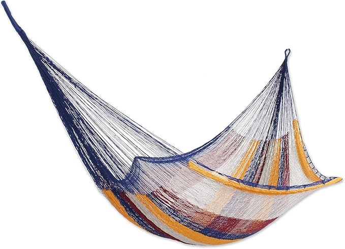 NOVICA Blue Yellow White Striped Hand Woven Nylon Mayan 1 Person Rope Hammock with Hanging Accessories, 'Durango' (Single)