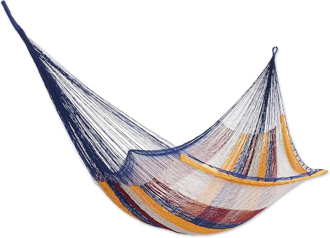 NOVICA Blue Yellow White Striped Hand Woven Nylon Mayan 1 Person Rope Hammock with Hanging Accessories, 'Durango' (Single)