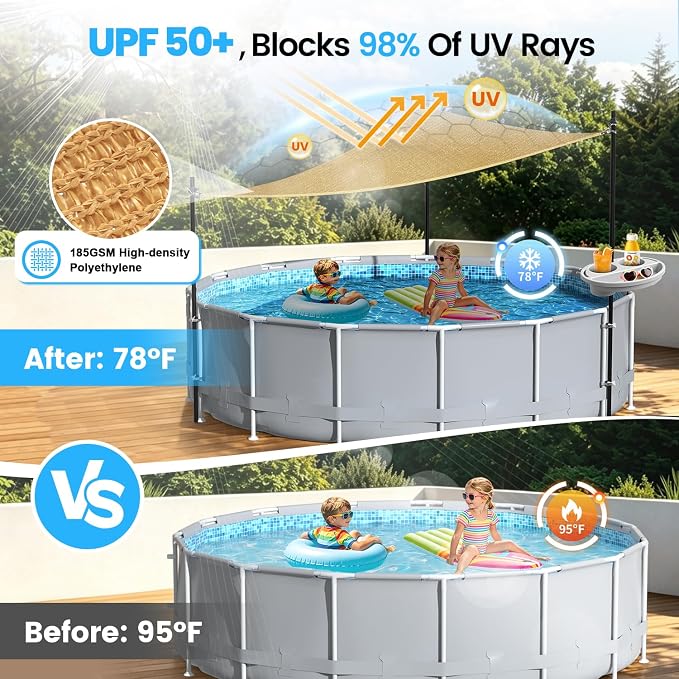 Above Ground Pool Canopy Sunshade Set with Storage Tray - Pool Shade Sail Triangular 13'x13'x13' for 15-22 FT Pools, UV-Resistant Shade Cloth, Swimming Pool Awning Cover for Deck, Patio, Garden