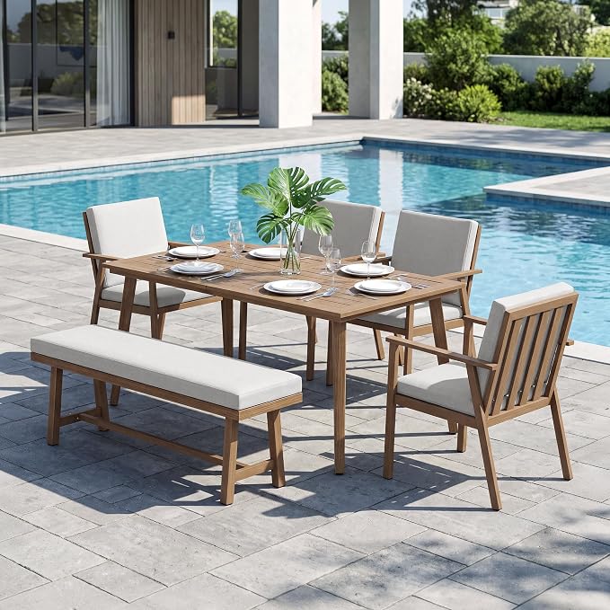 6-Piece Outdoor Dining Set, Aluminum Outdoor Table and Chairs Set with 4 Dining Chairs & Backless Bench, Weather-Resistant Bench Dining Table Set with Removable Cushions for Garden, Deck, Teak