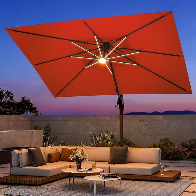 9 X 12 FT Cantilever Patio Umbrella with Led Lights and Base Included Heavy Duty Outdoor Double Top Large Rectangle Offset Umbrellas with 360-degree Rotation for Garden Pool Deck Backyard, Red