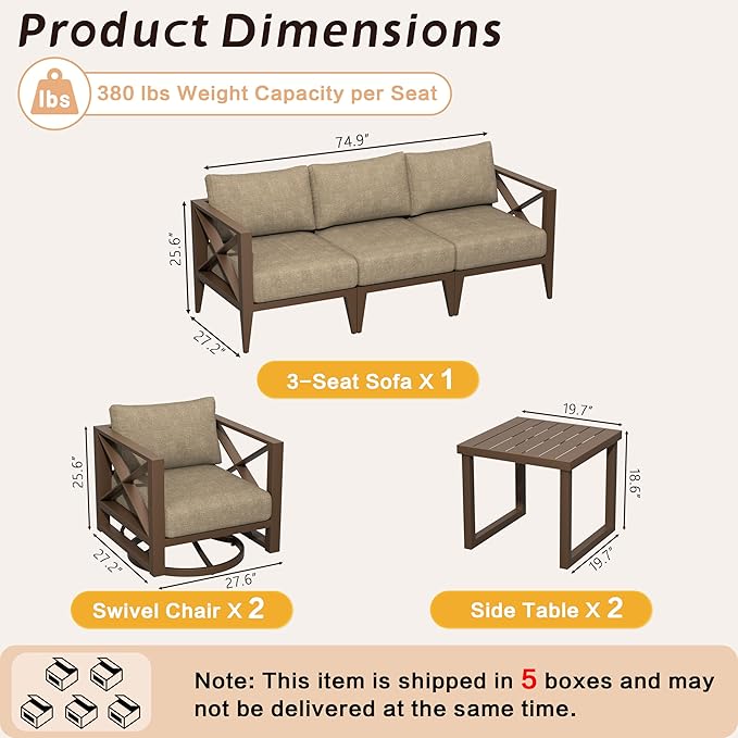 MBY Oversized Aluminum Patio Furniture Set, 7-Piece Outdoor Conversation Set with Swivel Rocking Chairs & Coffee Table, Modern Weather-Resistant Seating for Deck,Yard,Balcony,Poolside-Brown