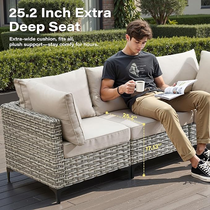8 Pieces Patio Furniture Set with 42" Fire Pit, All-Weather Rattan Outdoor Sectional Conversation Sets L Shaped Sofas with Solar Light Coffee Table for Porch Balcony Backyard Beige