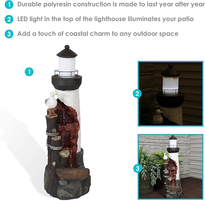 Sunnydaze 36-Inch Gull's Cove Outdoor Lighthouse Water Fountain with LED Light - Polyresin Decorative Water Feature