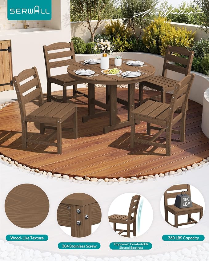 SERWALL 6-Piece Patio Dining Sets, HDPE Outdoor Table and Chairs Furniture Set with Umbrella, 45" Round Dining Table & 4 Armless Dining Chairs & 1 9FT Umbrella, Brown(Not Include Umbrella Base)
