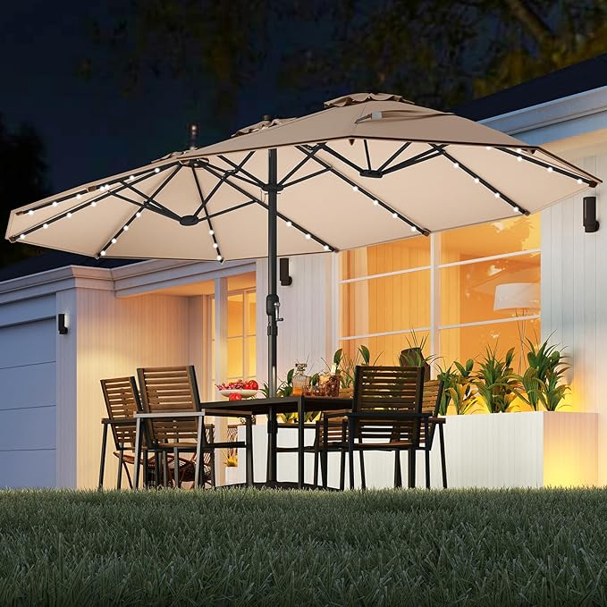 Tangkula 15FT Double-Sided Solar Patio Umbrella, Extra-Large Outdoor Twin Umbrella with 48 LED Lights, Vented Top, Crank Handle, 12 Ribs, Weighted Base Included for Backyard Poolside Deck (Tan)