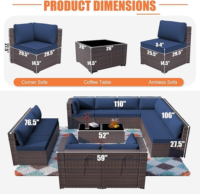 ALAULM 14 Pieces Patio Furniture Set Wicker Patio Conversation Set, Outdoor Sectional Furniture w/Coffee Table & Washable Seat Cushions-Dark Blue