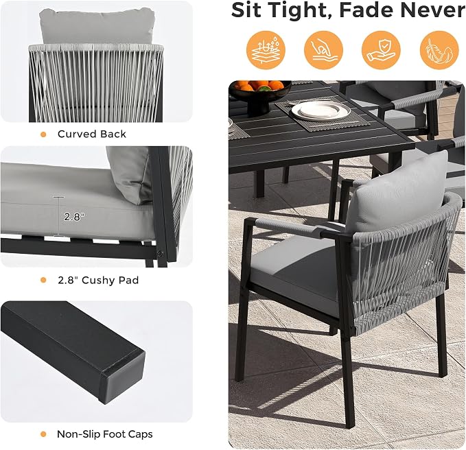 Patio Dining Set, 9-Piece Woven Rope Rattan Dining Table and Chairs Set | Metal Woven Wicker Rope Chairs with Cushions, All-Weather PE Rattan Outdoor Dining Set for Lawn Garden