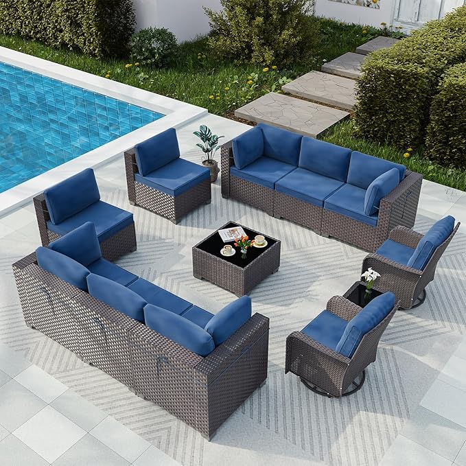 Gotland 12 Pieces Patio Furniture Set with Swivel Chair, PE Rattan Outdoor Furniture with 29.5'' High Backrest 4’’ Thick Cushions Coffee Table, Patio Set for Porch, Deck, Backyard, Navy