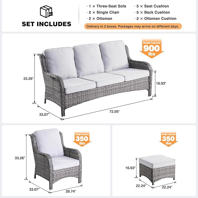 ovios 5-Pieces Patio Furniture, Outdoor Wicker Sofa Couch with Chairs Ottomans Comfy Cushions, All Weather High Back Modern Conversation, Grey Rattan