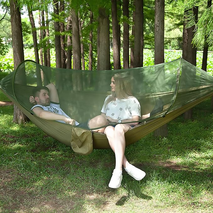 LFL Camping Hammock with Mosquito Net, Hammocks with 13ft Tree Straps Carabiners, Automatic Quick Open Outdoor Portable Hammock with Net, Nylon Parachute Material Outside Hiking Gear (Green)