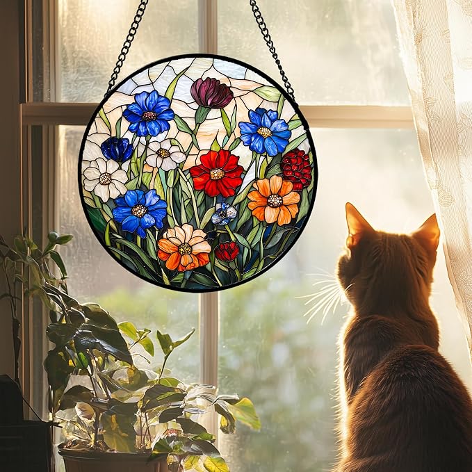 Stained Glass Suncatcher, Colorful Flowers Green Leaf Sun Catcher Landscape Stain Glass Window Hanging Decoration Mother's Day Birthday Gifts for Women Men Mom Nana 7.8 in